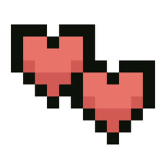 Two red pixel art hearts overlapping on a white background. 8-bit retro-style vector illustration symbolizing love, connection, and affection, inspired by classic video games. 