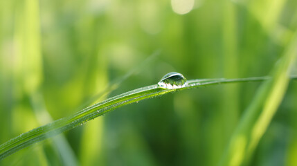 A shot of a lush green single blade of grass with a delicate water droplet resting on it