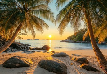 Fototapeta premium Tranquil sunset at a tropical beach with palm trees, golden sand, and rocky shoreline, creating a serene and picturesque nature scene for relaxation and inspiration