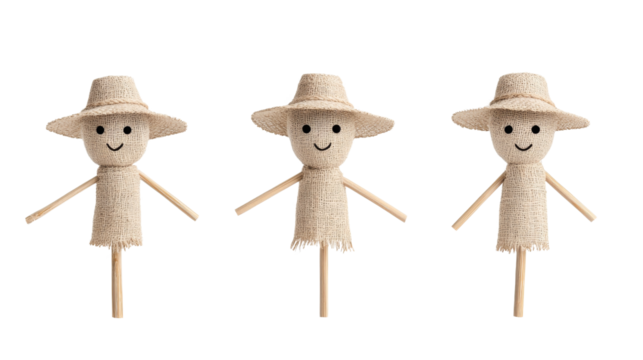 Three Handmade Straw Figures With Smiling Faces and Straw Hats on Transparent Background