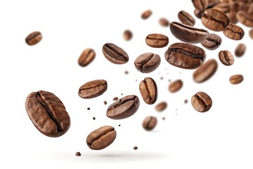 Falling Realistic Coffee Beans Isolated on Transparent Background with Motion Blur.