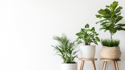 Obraz premium Minimalist tropical plants in white pots on wooden stools on white background.