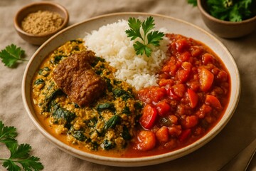 A close-up shot of a vibrant Nigerian dish featuring a plate of flavorful Egusi soup with tender beef, spinach, and a rich, aromatic sauce.