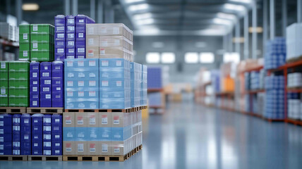 Warehouse with large cargo containers organized stacks of goods ready for distribution logistic supply chain concept