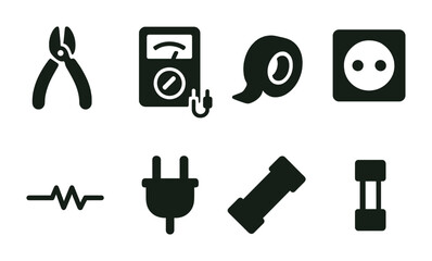 Electrical tools and equipment icon set &ndash; solid style for diy projects, maintenance, and safety symbols: pliers, multimeter, tape, socket, wire, plug, insulator, resistor.
