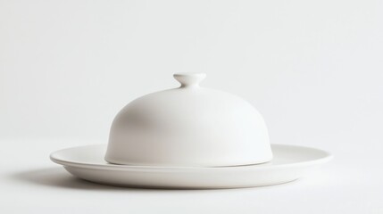Fototapeta premium Minimalist white serving cloche with matte texture above plate on white background.