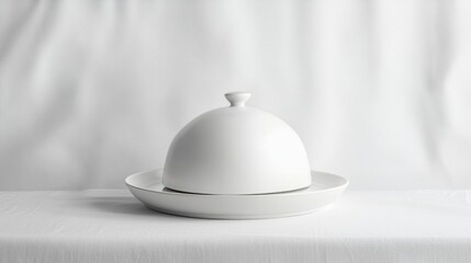 Fototapeta premium Minimalist white serving cloche with matte texture above plate on white background.