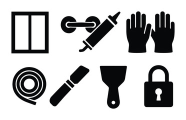 Home renovation tools icon set - solid style construction, diy, repair symbols: window, door handle, sealant, gloves, tape, trowel, lock