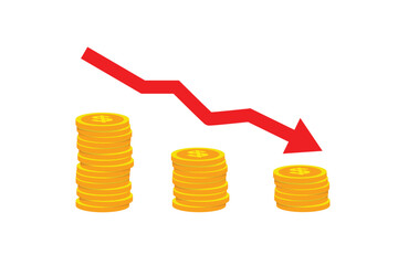 Financial decline with red arrow and decreasing coins. Loss and economic downturn concept. Vector flat design isolated