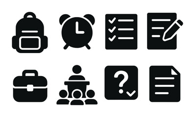 Educational solid icons set - filled style learning and classroom symbols for school projects: backpack, clock, checklist, document, briefcase, presentation, question mark, notes