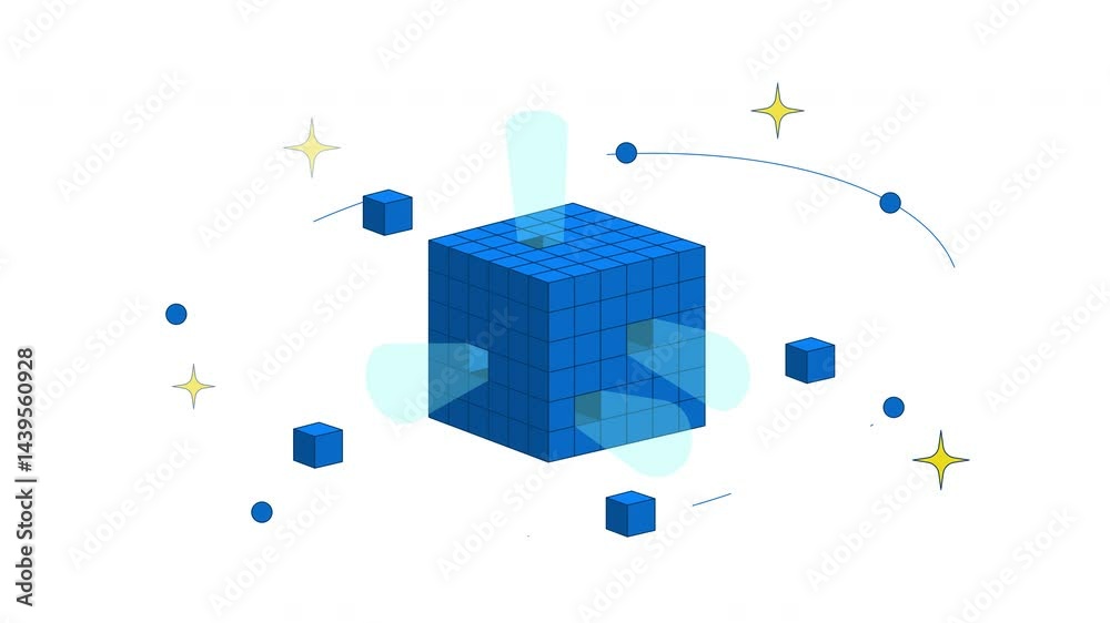 Poster digital data cube with orbiting blocks and sparkles 2d cartoon object animation. high tech futuristi