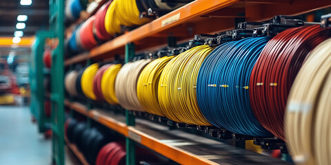 Large coils with colored electrical wires on huge shelves in an industrial plant. Manufacture of electrical wiring for cars