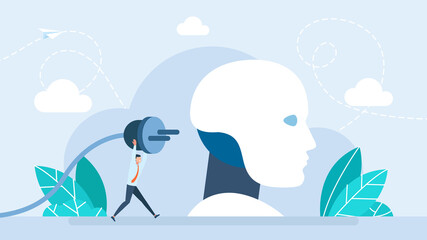 Robot head and man putting power plug into socket. Scientific and technology concept. Artificial intelligence and machine learning. Connecting brain with ai chip robotic. Flat illustration
