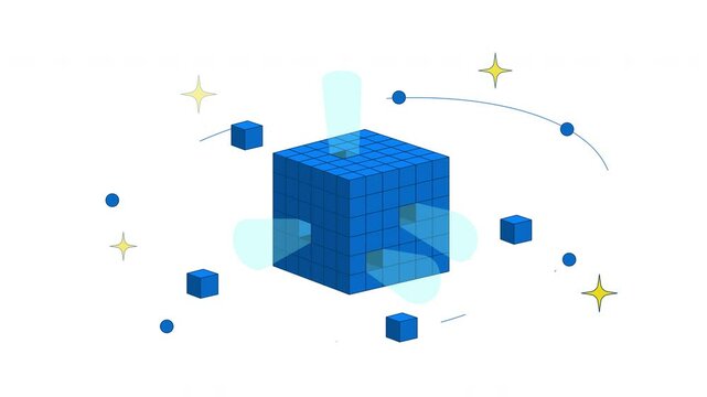 Digital data cube with orbiting blocks and sparkles 2D cartoon object animation. High tech futuristic technology model. Geometric structure animated flat colorful item 4K video isolated on white