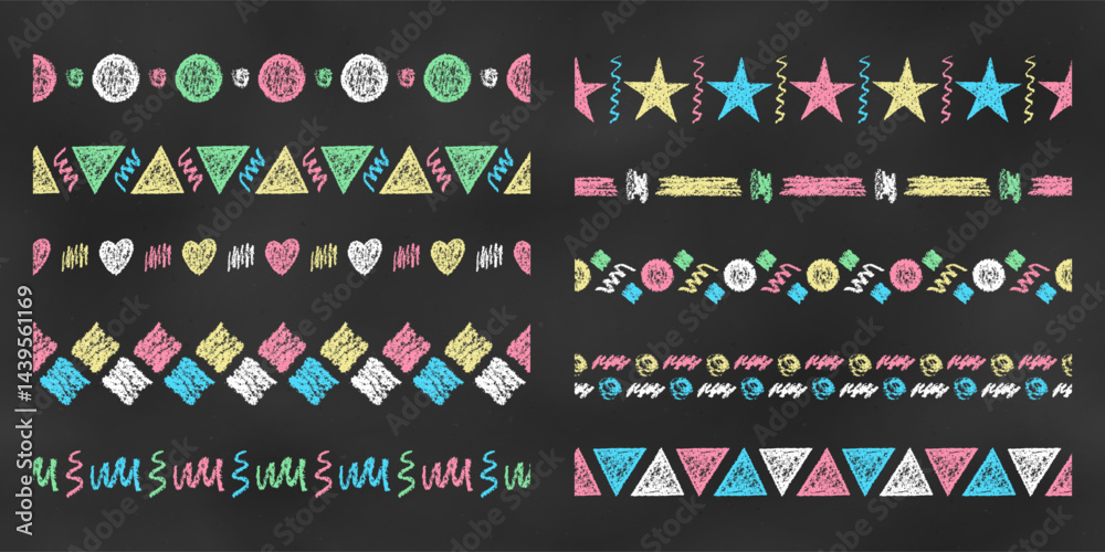 Wall mural Set of Horizontal Seamless Borders Chalk Drawn Sketches of Scribbles and Figures.