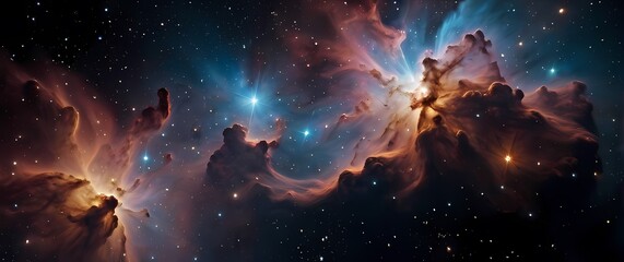 Obraz premium Bright nebula clouds and sparkling star clusters on black space canvases. Extremely detailed high resolution illustration.