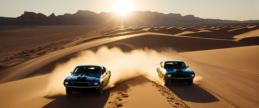 Bright muscle cars racing along sun baked desert highways framed by golden sand dunes. Extremely detailed high resolution illustration.