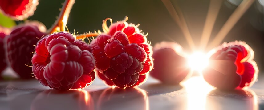 Bright macro photography of glistening red raspberries with morning sunlight bokeh. Extremely detailed high resolution illustration.