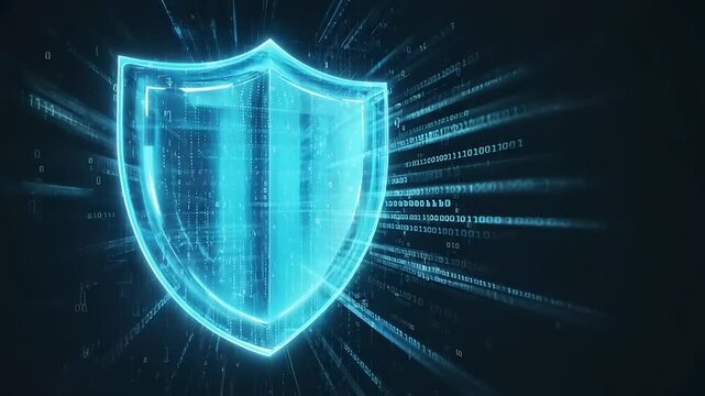 Digital shield graphic with binary code.