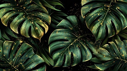 Obraz premium Lush, detailed monstera leaves with gold speckles on dark backdrop