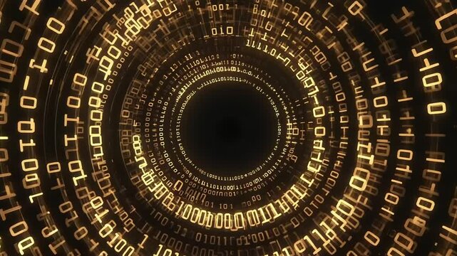 Abstract digital tunnel of swirling binary code.