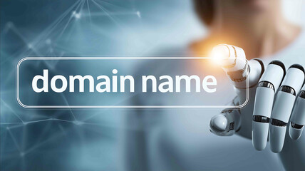Robot hand typing domain name into digital search bar futuristic AI theme clean tech background centered brandingfree