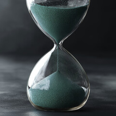 Hourglass with green sand symbolizes passage of time, evoking sense of reflection and urgency