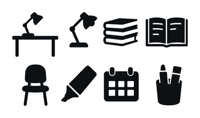 Education and study silhouette icons set – solid style learning, classroom, and school symbols for academic tools: desk lamp, stack of books, open book, chair, highlighter, calendar, pencil holder.