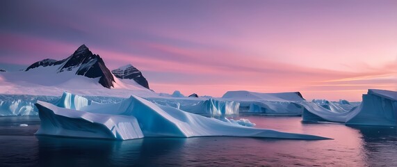 Blue ice ridges of Antarctica shimmering under pale pink sunset skies. Extremely detailed high resolution illustration.