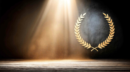 Abstract golden laurel wreath hovering above a podium dark background spotlight effect award concept clean composition no logos
