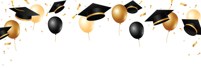Graduation hats background. Graduation caps, balloons and gold ribbons decoration elements. School, college and university celebration design. Vector illustration © Ardkyuu