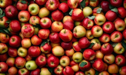 Fresh Apples in Various Colors with Green Leaves on a Surface