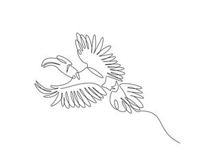 Hornbill bird outline drawing illustration. one continuous line drawing of flying hornbill bird. © mojoduwur