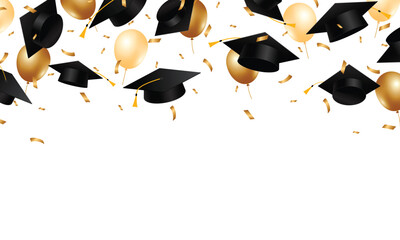 Graduation caps confetti. Flying graduation hats with gold ribbons on white background. School, college education background. Vector illustration