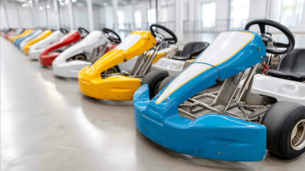 Team of young racers with their gokarts lined up on white studio floor energetic vibe clean layout no logos