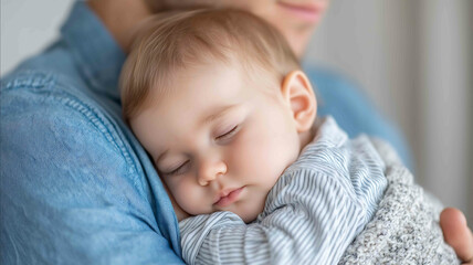 Side view of baby sleeping on parents chest emotional bonding moment clean blurred background