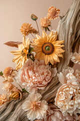 A close-up of a sculpted driftwood piece featuring intricate detailing and organic beauty