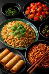 A vibrant close-up shot of an Asian feast spread across a dark, elegant table.
