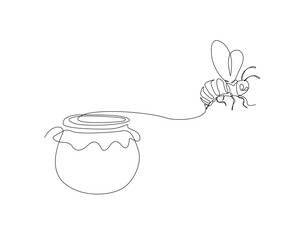 Honey jar with the bee outline drawing vector illustration. one continuous line drawing of honeybee flying from honey jar.