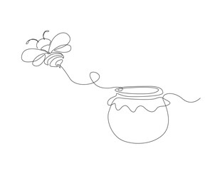 Honey jar with the bee outline drawing vector illustration. one continuous line drawing of honeybee flying from honey jar.