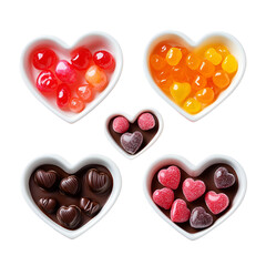 Obraz premium Heart shaped bowls filled with chocolates and candies Valentine's Day treats,