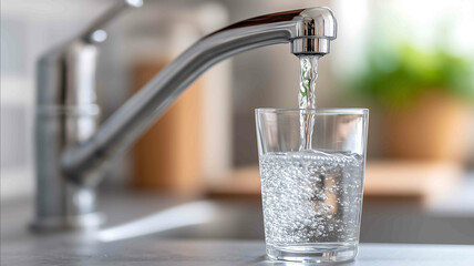 Filling up a glass with drinking water from kitchen tap highresolution ultrahigh quality Depth Sharpness no logos bright lighting soft shadows perfect for stock photo