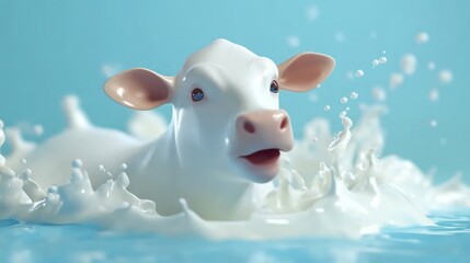 Fototapeta premium Calf splashing in milk, blue background, dairy ad