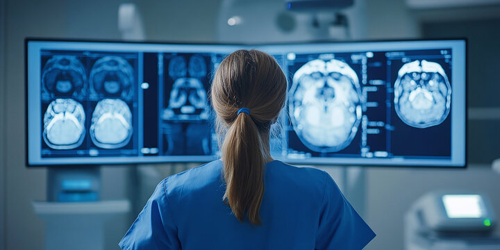 A radiology technician in a blue uniform analyzes MRI and CT scans in a diagnostic monitors display room. Radiologist woman analyzing medical images in a diagnostic room
