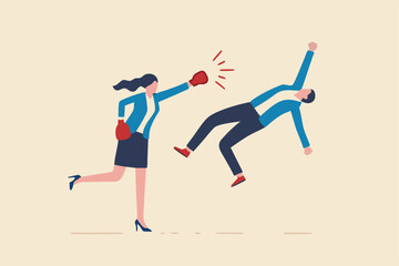 Success businesswoman winning business competition, woman leadership or challenge to overcome or defeat enemy concept, strong confidence businesswoman leader punch a businessman to knockout winning.