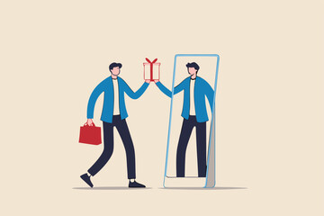 Reward yourself when success or achieve personal goal to increase motivation and inspiration, celebrate victory or winning concept, businessman get reward from himself in the mirror for self motivate.