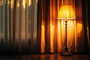 Warm lamplight through sheer curtains