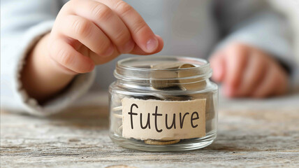 Glass jar with future label filling with coins childs hand adding one family saving concept copy space on one side soft bokeh