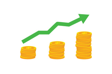 Financial growth with green arrow and increasing coins. Economic success concept. Vector flat design isolated
