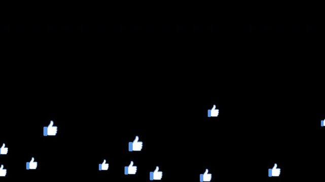 Thumb up like icon with flying effect. Social media concept with likes flow. Alpha channel, transparent background. Loop animation.